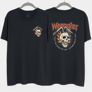 Wrangler Skull Flames T-Shirt XXL Black Biker Graphic Tee Motorcycle VTG Style